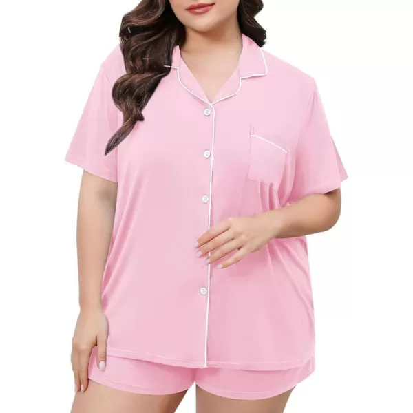 SWOMOG Womens Plus Size Pajamas Set Button Down Tops Short Sleeve Sleepwear Soft Pajama Shorts 2 Pcs Lounge Sets With PocketPink