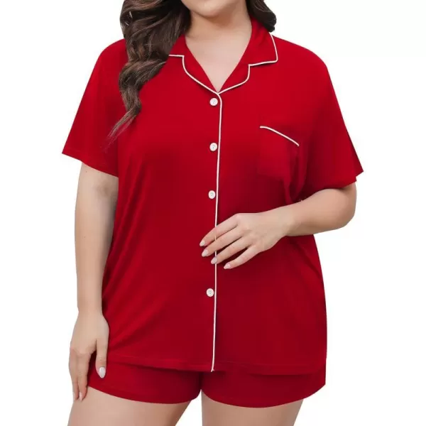 SWOMOG Womens Plus Size Pajamas Set Button Down Tops Short Sleeve Sleepwear Soft Pajama Shorts 2 Pcs Lounge Sets With PocketRed