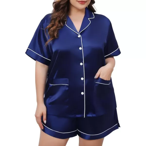 SWOMOG Womens Plus Size Pajamas Silk Satin Button Down Shirt Pajama Shorts 2 Pcs Short Sets Pj Loungewear with PocketsNavy Blue