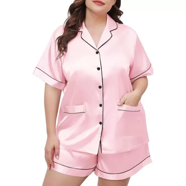 SWOMOG Womens Plus Size Pajamas Silk Satin Button Down Shirt Pajama Shorts 2 Pcs Short Sets Pj Loungewear with PocketsPink