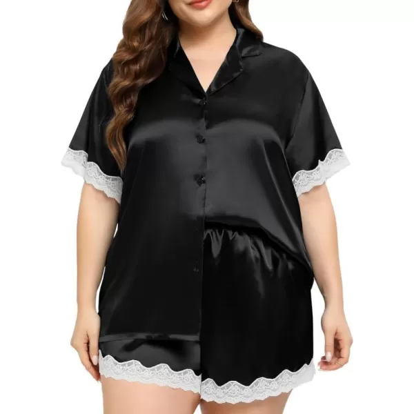 SWOMOG Womens Plus Size Pajamas Silk Satin Pajama Set Short Sleeve Button Down Sleepwear 2 piece Lace Pj Sets 18W26WBlack