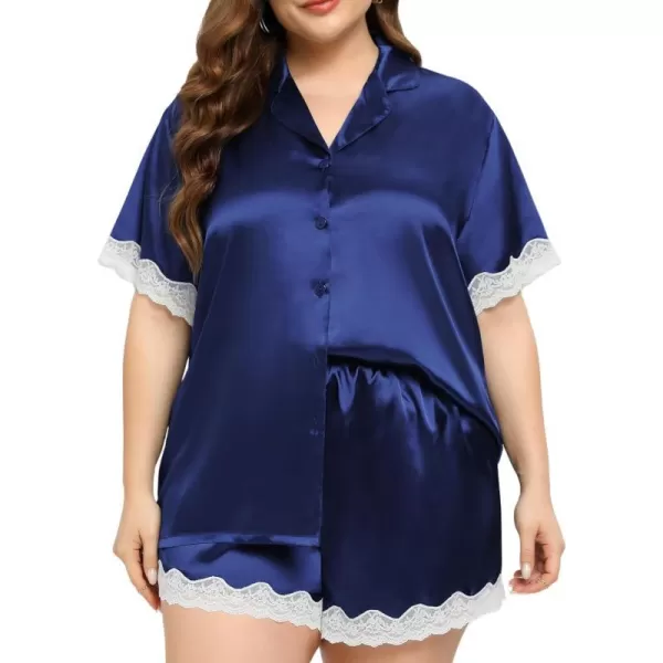 SWOMOG Womens Plus Size Pajamas Silk Satin Pajama Set Short Sleeve Button Down Sleepwear 2 piece Lace Pj Sets 18W26WNavy Blue