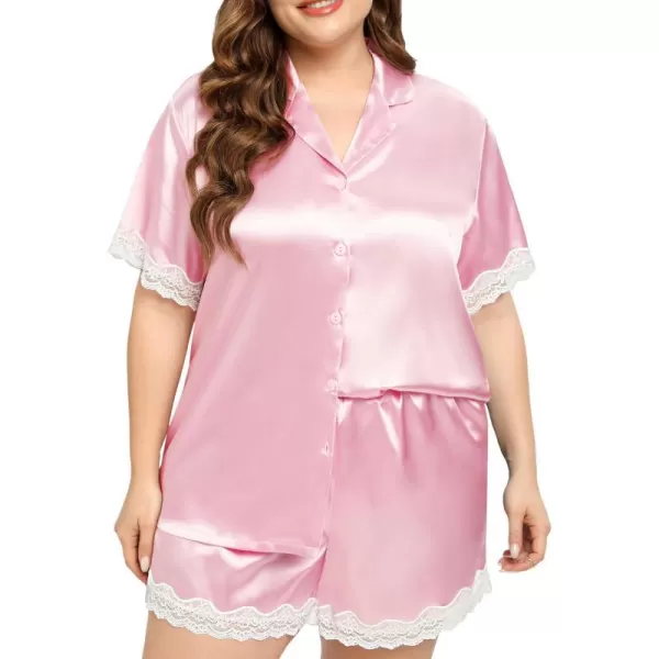 SWOMOG Womens Plus Size Pajamas Silk Satin Pajama Set Short Sleeve Button Down Sleepwear 2 piece Lace Pj Sets 18W26WPink