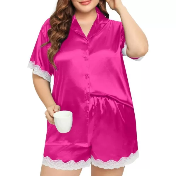 SWOMOG Womens Plus Size Pajamas Silk Satin Pajama Set Short Sleeve Button Down Sleepwear 2 piece Lace Pj Sets 18W26WRose Red