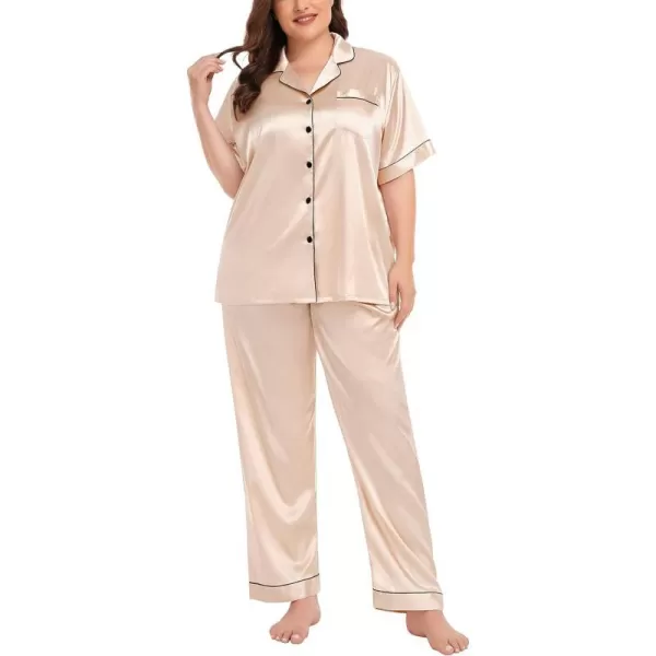 SWOMOG Womens Plus Size Pajamas Silk Satin Pajama Set Short Sleeve Shirt with FullLength Pants Pjs Sleepwear Set 18W26WChampagne