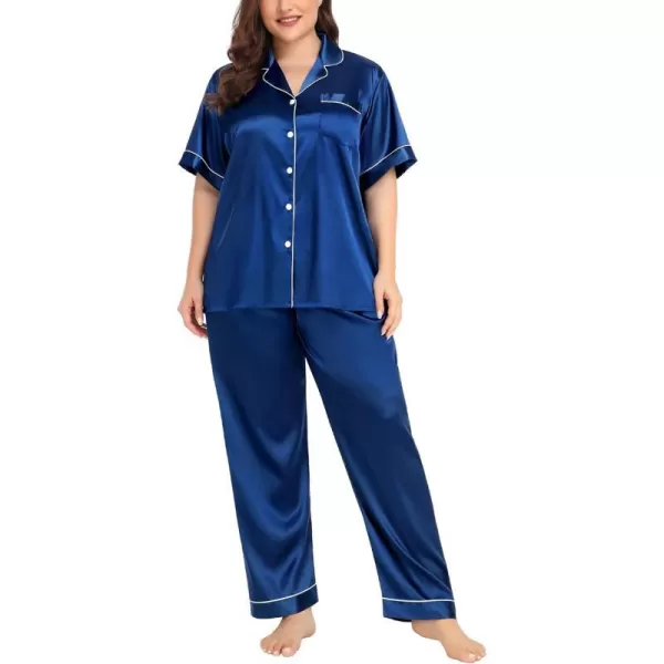 SWOMOG Womens Plus Size Pajamas Silk Satin Pajama Set Short Sleeve Shirt with FullLength Pants Pjs Sleepwear Set 18W26WNavy