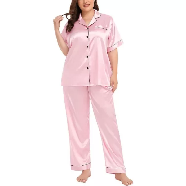 SWOMOG Womens Plus Size Pajamas Silk Satin Pajama Set Short Sleeve Shirt with FullLength Pants Pjs Sleepwear Set 18W26WPink