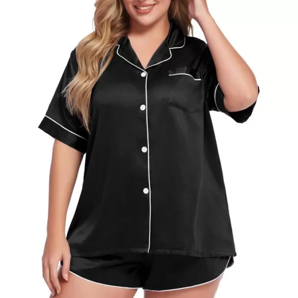 SWOMOG Womens Plus Size Satin Pajama Set Short Sleeve 2 piece Pj Sets Sleepwear Silk Button Down Loungewear Pjs Shorts SetBlack