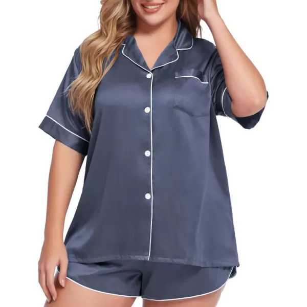 SWOMOG Womens Plus Size Satin Pajama Set Short Sleeve 2 piece Pj Sets Sleepwear Silk Button Down Loungewear Pjs Shorts SetDark Gary