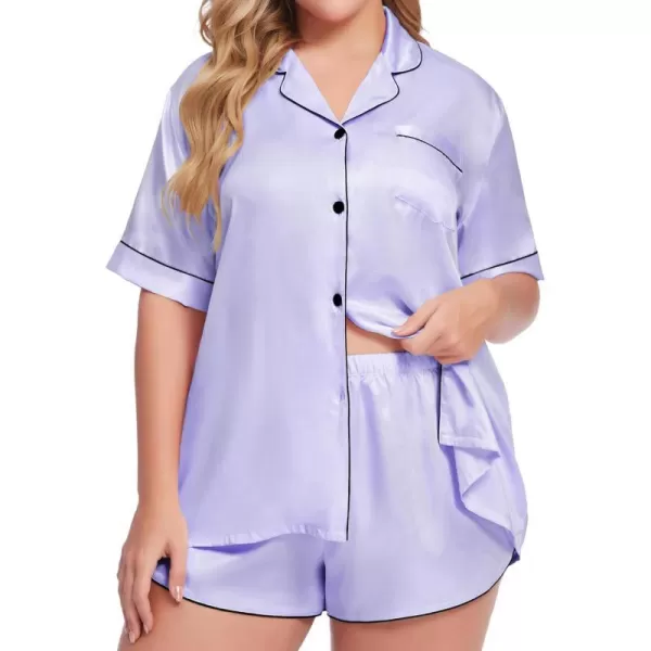 SWOMOG Womens Plus Size Satin Pajama Set Short Sleeve 2 piece Pj Sets Sleepwear Silk Button Down Loungewear Pjs Shorts SetLavender