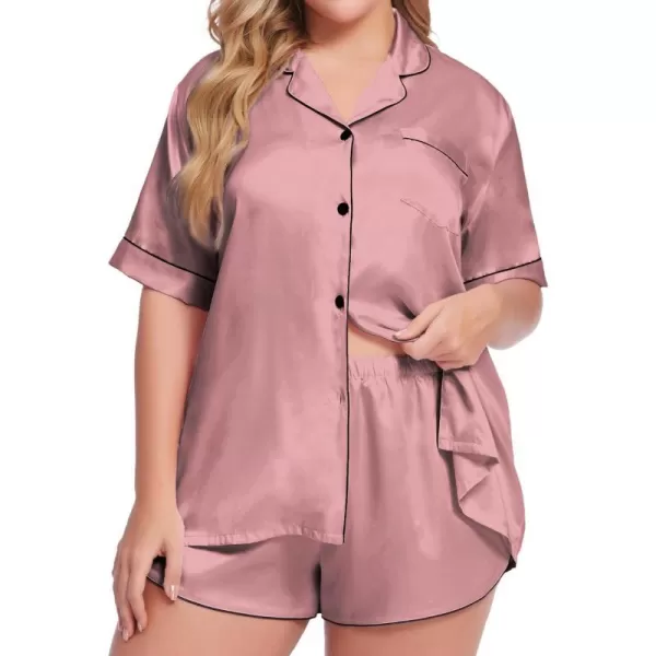 SWOMOG Womens Plus Size Satin Pajama Set Short Sleeve 2 piece Pj Sets Sleepwear Silk Button Down Loungewear Pjs Shorts SetMisty Rose