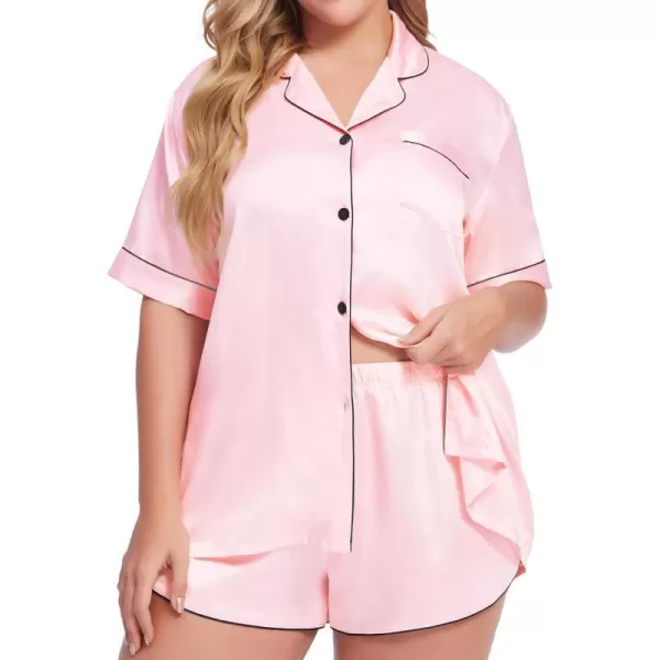 SWOMOG Womens Plus Size Satin Pajama Set Short Sleeve 2 piece Pj Sets Sleepwear Silk Button Down Loungewear Pjs Shorts SetPink