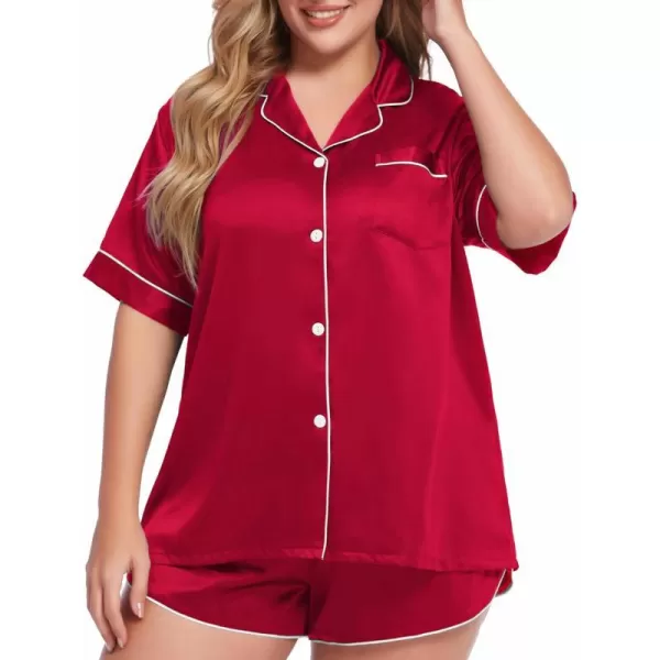 SWOMOG Womens Plus Size Satin Pajama Set Short Sleeve 2 piece Pj Sets Sleepwear Silk Button Down Loungewear Pjs Shorts SetRed