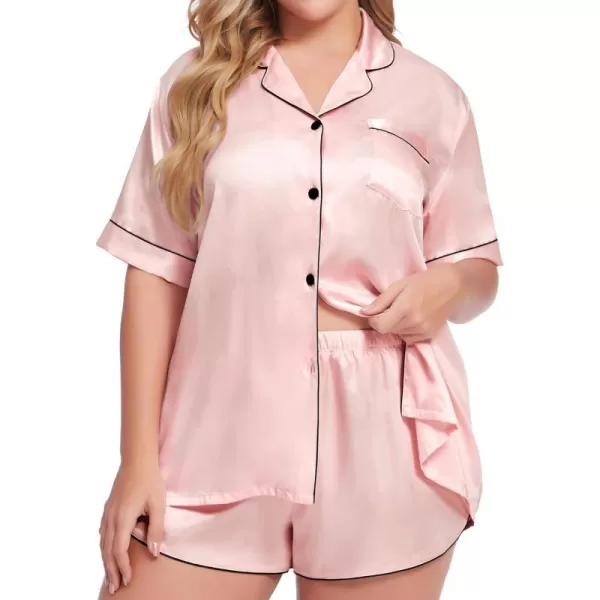 SWOMOG Womens Plus Size Satin Pajama Set Short Sleeve 2 piece Pj Sets Sleepwear Silk Button Down Loungewear Pjs Shorts SetSakura Pink