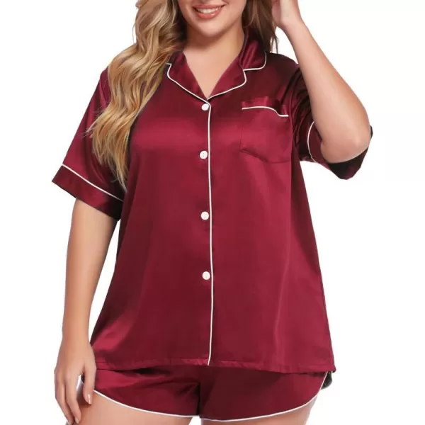 SWOMOG Womens Plus Size Satin Pajama Set Short Sleeve 2 piece Pj Sets Sleepwear Silk Button Down Loungewear Pjs Shorts SetWine Red