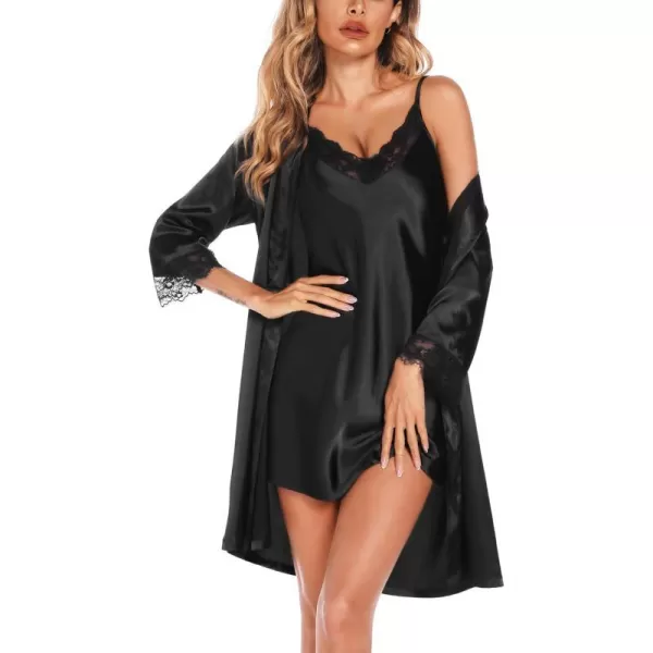 SWOMOG Womens Satin Robe Set 2 Piece Sexy Pajamas Sets Lace Cami Nightgown and Silk Robes NightwearBlack