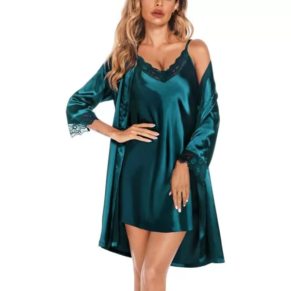 SWOMOG Womens Satin Robe Set 2 Piece Sexy Pajamas Sets Lace Cami Nightgown and Silk Robes NightwearDeep Green