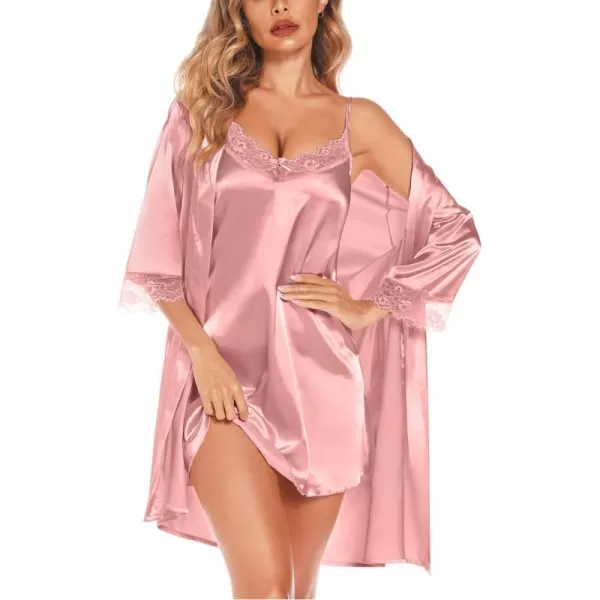 SWOMOG Womens Satin Robe Set 2 Piece Sexy Pajamas Sets Lace Cami Nightgown and Silk Robes NightwearMisty Rose