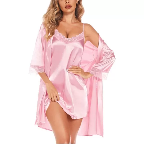 SWOMOG Womens Satin Robe Set 2 Piece Sexy Pajamas Sets Lace Cami Nightgown and Silk Robes NightwearPink