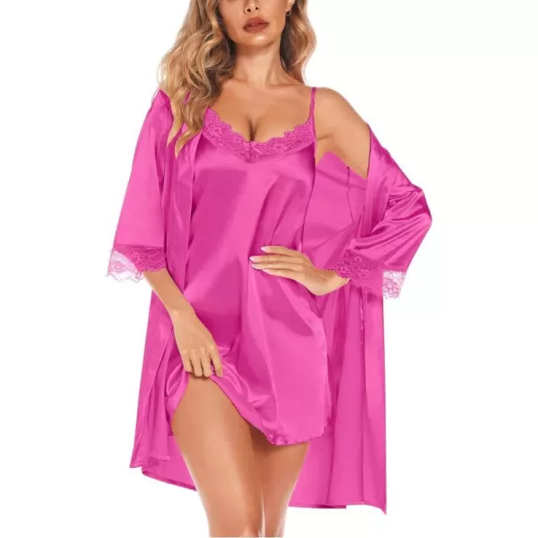 SWOMOG Womens Satin Robe Set 2 Piece Sexy Pajamas Sets Lace Cami Nightgown and Silk Robes NightwearRose Red