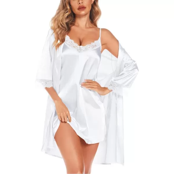 SWOMOG Womens Satin Robe Set 2 Piece Sexy Pajamas Sets Lace Cami Nightgown and Silk Robes NightwearWhite