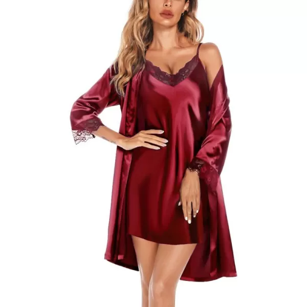 SWOMOG Womens Satin Robe Set 2 Piece Sexy Pajamas Sets Lace Cami Nightgown and Silk Robes NightwearWine Red