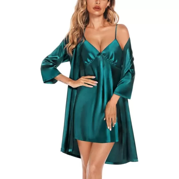 SWOMOG Womens Satin Robe Set 2 Piece Sexy Pajamas Sets Lace Cami Nightgown and Silk Robes NightwearZgreen