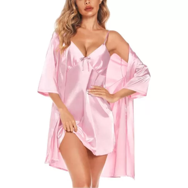 SWOMOG Womens Satin Robe Set 2 Piece Sexy Pajamas Sets Lace Cami Nightgown and Silk Robes NightwearZpink