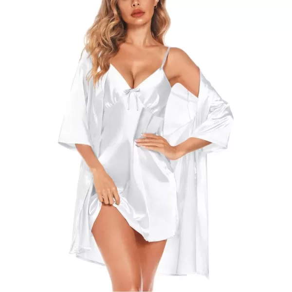 SWOMOG Womens Satin Robe Set 2 Piece Sexy Pajamas Sets Lace Cami Nightgown and Silk Robes NightwearZwhite