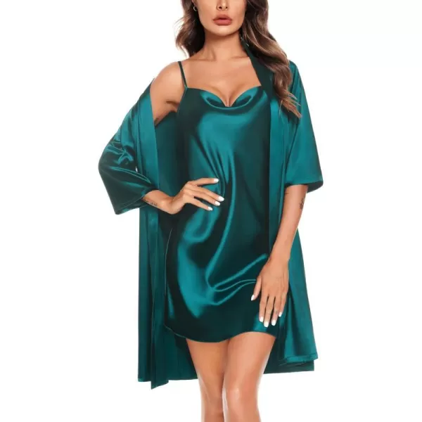 SWOMOG Womens Satin Robe Set 2 Piece Silk Lingerie Sets Cowl Neck Cami Nightgown with Robes Bridesmiad Wedding KimonosGreen