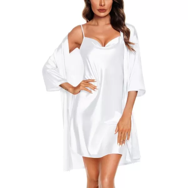 SWOMOG Womens Satin Robe Set 2 Piece Silk Lingerie Sets Cowl Neck Cami Nightgown with Robes Bridesmiad Wedding KimonosWhite