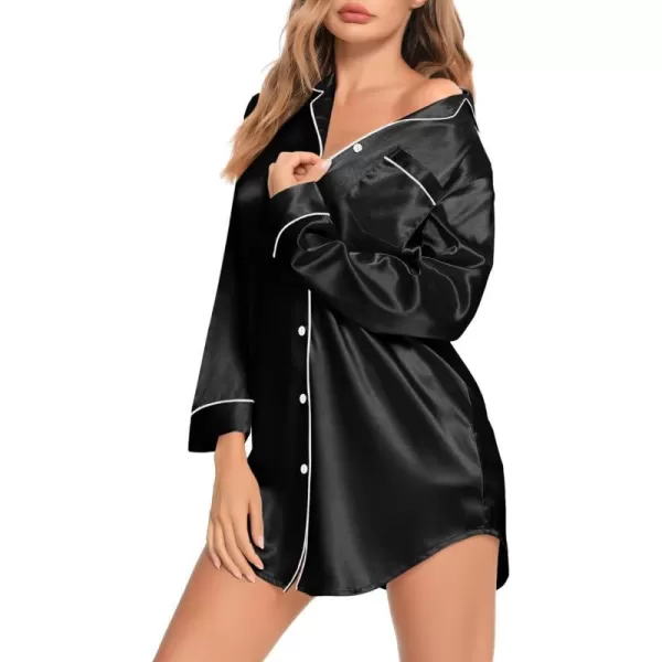 SWOMOG Womens Satin Sleep Shirt Long Sleeve Sleepwear Silk Nightshirt Button Down Pajama TopBlack