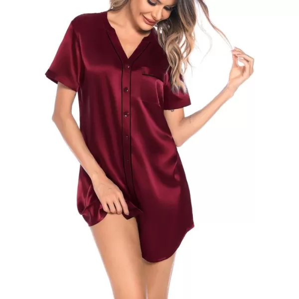 SWOMOG Womens Silk Satin Nightgown Short Sleeve Nightdress Sexy Vneck Sleepshirts Button Down Boyfriend SleepwearWine Red