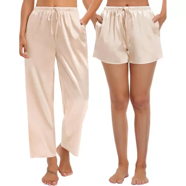 SWOMOG Womens Silk Satin Pajama Pants Soft Long Lounge Pant Drawstring Trousers Casual Sleepwear Pj Bottoms with Pockets2 Pack  Champagne