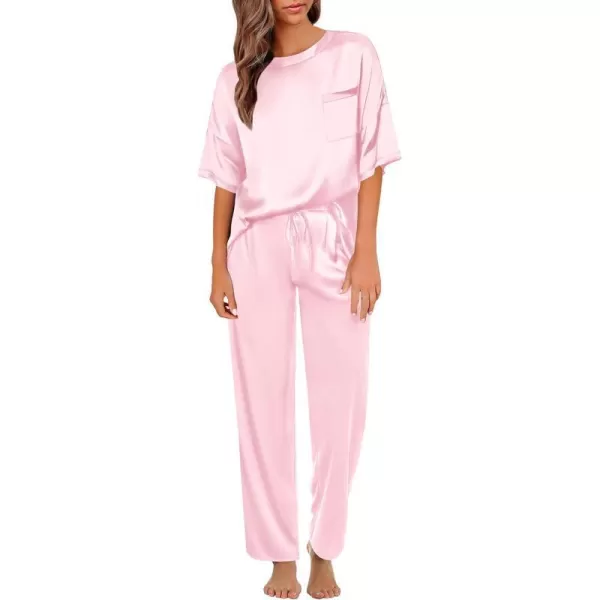 SWOMOG Womens Silk Satin Pajama Set Short Sleeve Shirt with Long Pants Pj Set Smooth and Soft Pajamas with PocketsPink