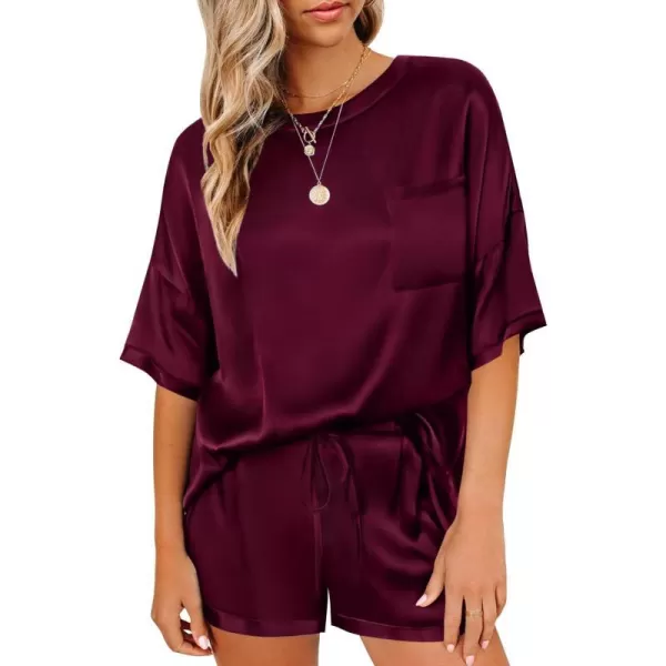 SWOMOG Womens Silk Satin Pajama Set TwoPiece Short Sleeve Tshirt With Shorts Pj Sets Silky Casual Loungewear SleepwearDeep Wine Red