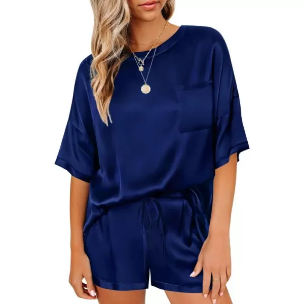 SWOMOG Womens Silk Satin Pajama Set TwoPiece Short Sleeve Tshirt With Shorts Pj Sets Silky Casual Loungewear SleepwearNavy Blue