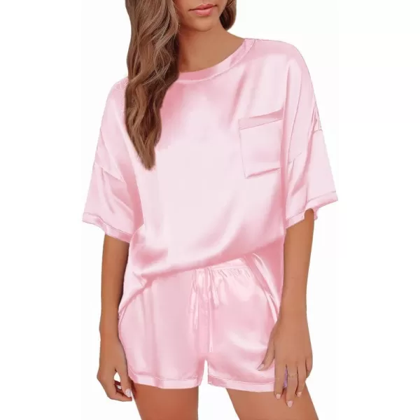 SWOMOG Womens Silk Satin Pajama Set TwoPiece Short Sleeve Tshirt With Shorts Pj Sets Silky Casual Loungewear SleepwearPink