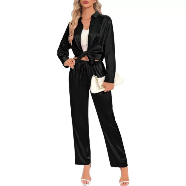 SWOMOG Womens Silk Satin Pajamas Long Sleeve Button Down Tops Satin Pants with Pockets Loungewear 2 Pieces OutfitBlack