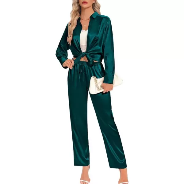 SWOMOG Womens Silk Satin Pajamas Long Sleeve Button Down Tops Satin Pants with Pockets Loungewear 2 Pieces OutfitDark Green