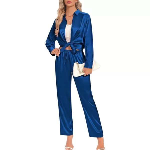 SWOMOG Womens Silk Satin Pajamas Long Sleeve Button Down Tops Satin Pants with Pockets Loungewear 2 Pieces OutfitNavy Blue