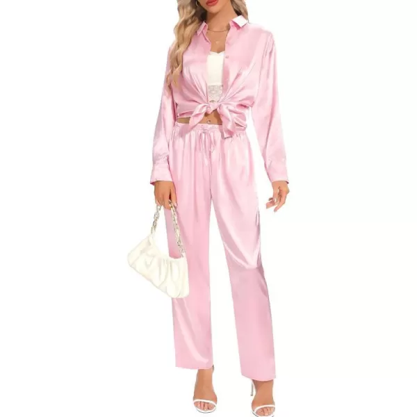 SWOMOG Womens Silk Satin Pajamas Long Sleeve Button Down Tops Satin Pants with Pockets Loungewear 2 Pieces OutfitPink