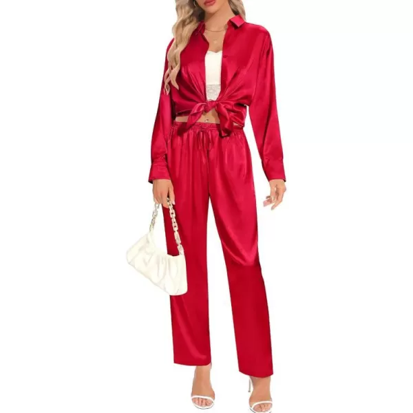 SWOMOG Womens Silk Satin Pajamas Long Sleeve Button Down Tops Satin Pants with Pockets Loungewear 2 Pieces OutfitRed