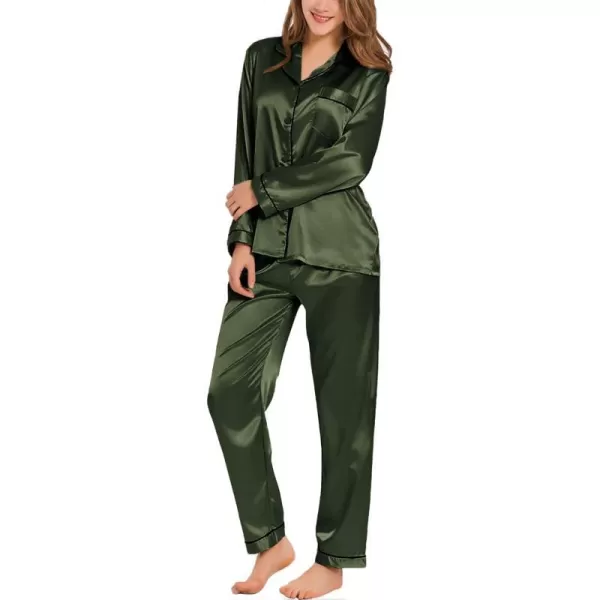 SWOMOG Womens Silk Satin Pajamas Loungewear Twopiece Sleepwear ButtonDown Pj SetArmy Green