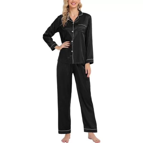 SWOMOG Womens Silk Satin Pajamas Loungewear Twopiece Sleepwear ButtonDown Pj SetBlack Pinstripes