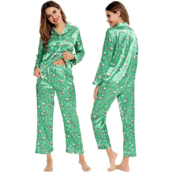 SWOMOG Womens Silk Satin Pajamas Loungewear Twopiece Sleepwear ButtonDown Pj SetChristmas Gift Green