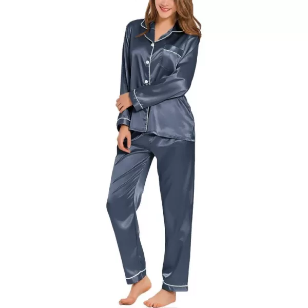 SWOMOG Womens Silk Satin Pajamas Loungewear Twopiece Sleepwear ButtonDown Pj SetDeep Grey