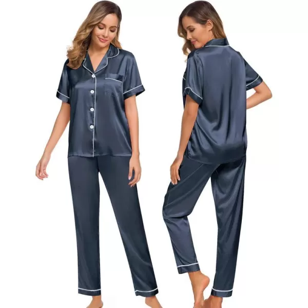 SWOMOG Womens Silk Satin Pajamas Loungewear Twopiece Sleepwear ButtonDown Pj SetDeep Grey16