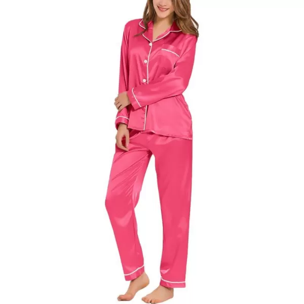 SWOMOG Womens Silk Satin Pajamas Loungewear Twopiece Sleepwear ButtonDown Pj SetFandango Pink