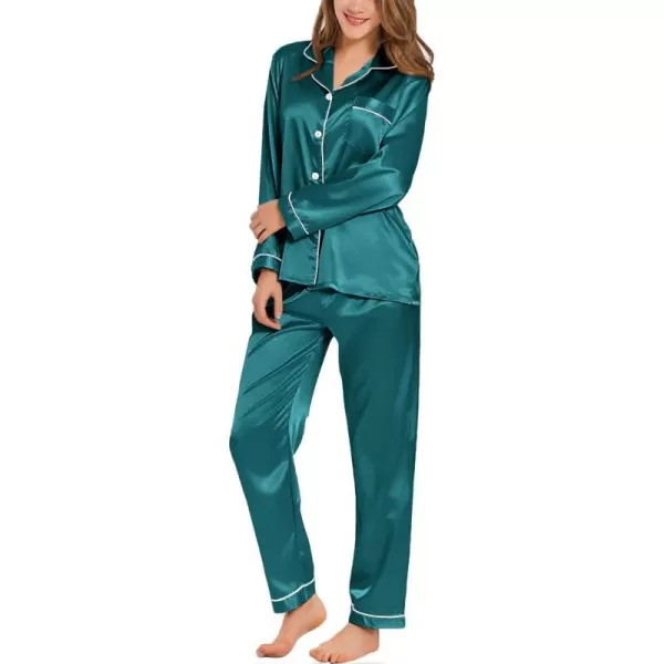 SWOMOG Womens Silk Satin Pajamas Loungewear Twopiece Sleepwear ButtonDown Pj SetGreen